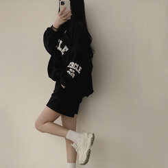 [SET]配色Vネックレタリングトレーナー ショートパンツ ブラック