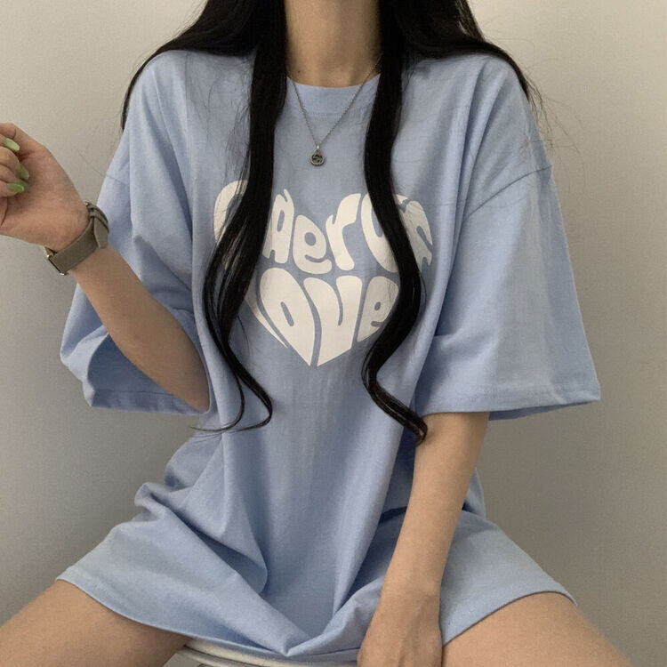 STS30767 英文ハートプリントオーバーフィットTシャツ 半袖T