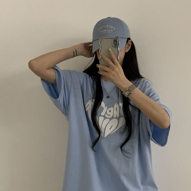 STS30767 英文ハートプリントオーバーフィットTシャツ 半袖T