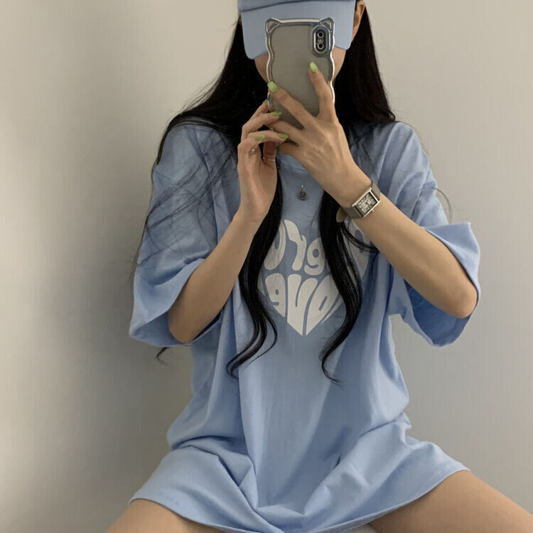 STS30767 英文ハートプリントオーバーフィットTシャツ 半袖T