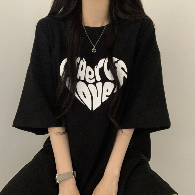 STS30767 英文ハートプリントオーバーフィットTシャツ 半袖T