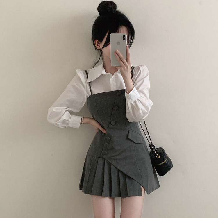 【SET】ピンタックシャツ+ビスチェミニワンピース GRAY