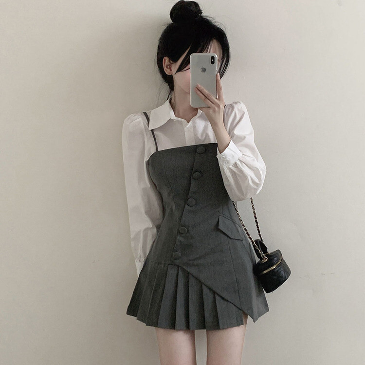 【SET】ピンタックシャツ+ビスチェミニワンピース GRAY