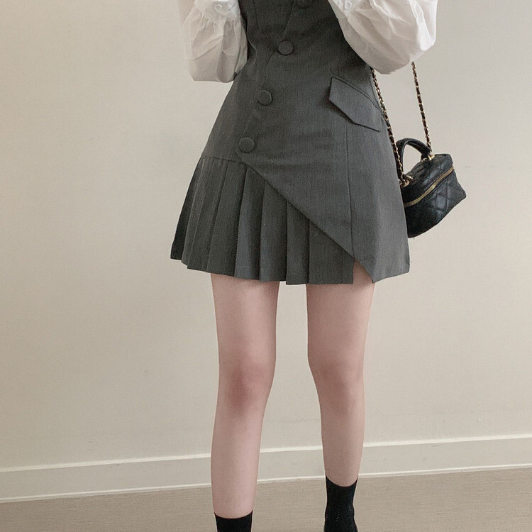 【SET】ピンタックシャツ+ビスチェミニワンピース GRAY