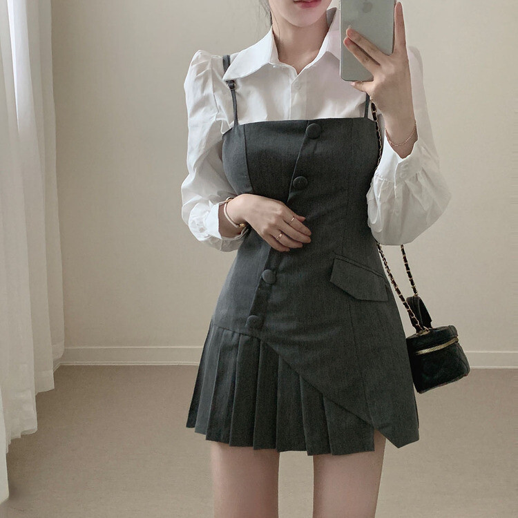 【SET】ピンタックシャツ+ビスチェミニワンピース GRAY