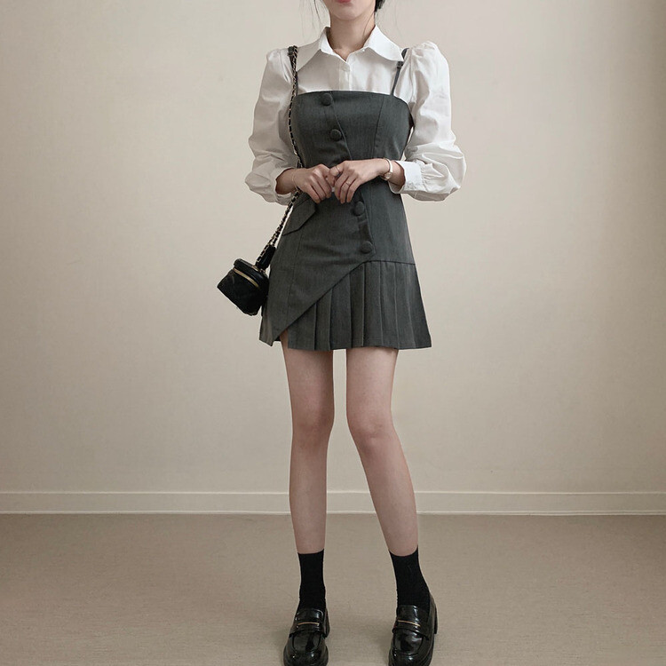 【SET】ピンタックシャツ+ビスチェミニワンピース GRAY