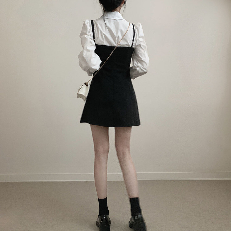 【SET】ピンタックシャツ+ビスチェミニワンピース BLACK