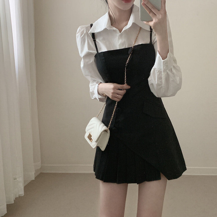 【SET】ピンタックシャツ+ビスチェミニワンピース BLACK