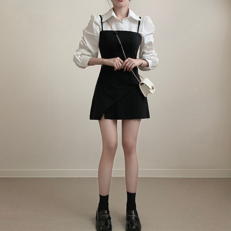 【SET】ピンタックシャツ+ビスチェミニワンピース BLACK