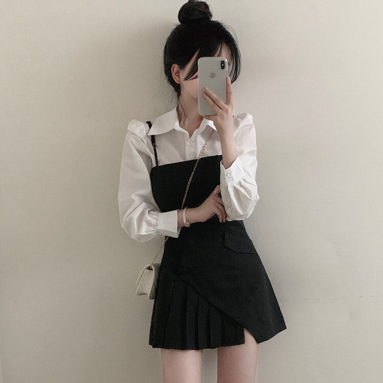 【SET】ピンタックシャツ+ビスチェミニワンピース BLACK