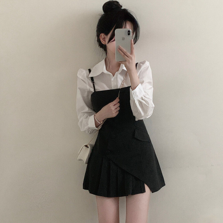 【SET】ピンタックシャツ+ビスチェミニワンピース BLACK