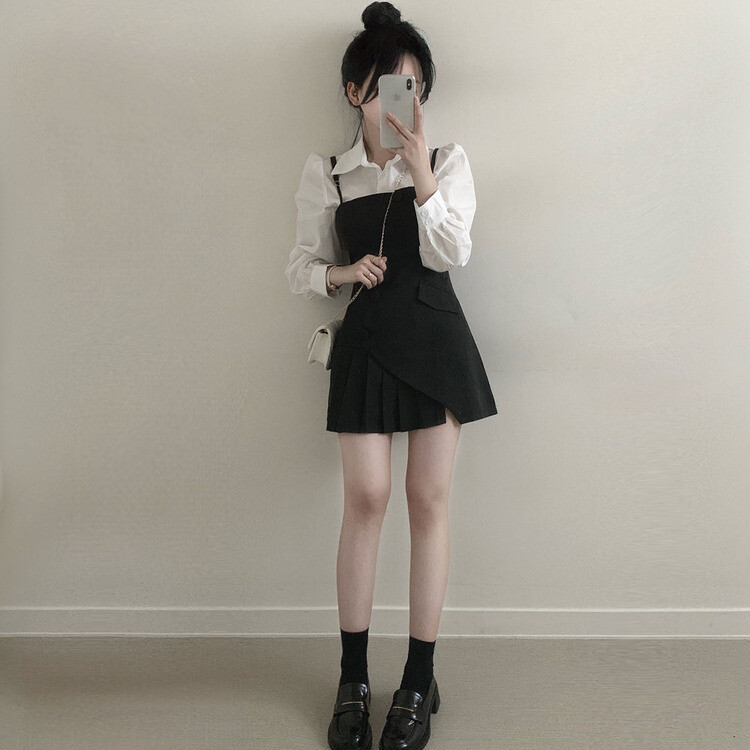 【SET】ピンタックシャツ+ビスチェミニワンピース BLACK