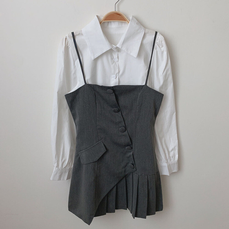 【SET】ピンタックシャツ+ビスチェミニワンピース