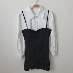 【SET】ピンタックシャツ+ビスチェミニワンピース