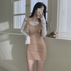 [SET]バックルハートミニワンピース オフショルダー長袖Tシャツ BEIGE