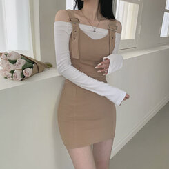 [SET]バックルハートミニワンピース オフショルダー長袖Tシャツ BEIGE