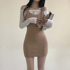 [SET]バックルハートミニワンピース オフショルダー長袖Tシャツ BEIGE