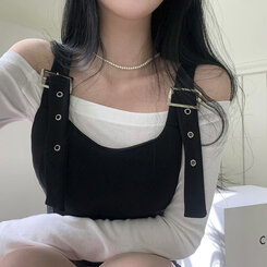 [SET]バックルハートミニワンピース オフショルダー長袖Tシャツ BLACK