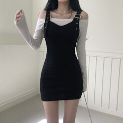 [SET]バックルハートミニワンピース オフショルダー長袖Tシャツ BLACK