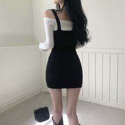 [SET]バックルハートミニワンピース オフショルダー長袖Tシャツ BLACK