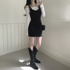 [SET]バックルハートミニワンピース オフショルダー長袖Tシャツ BLACK