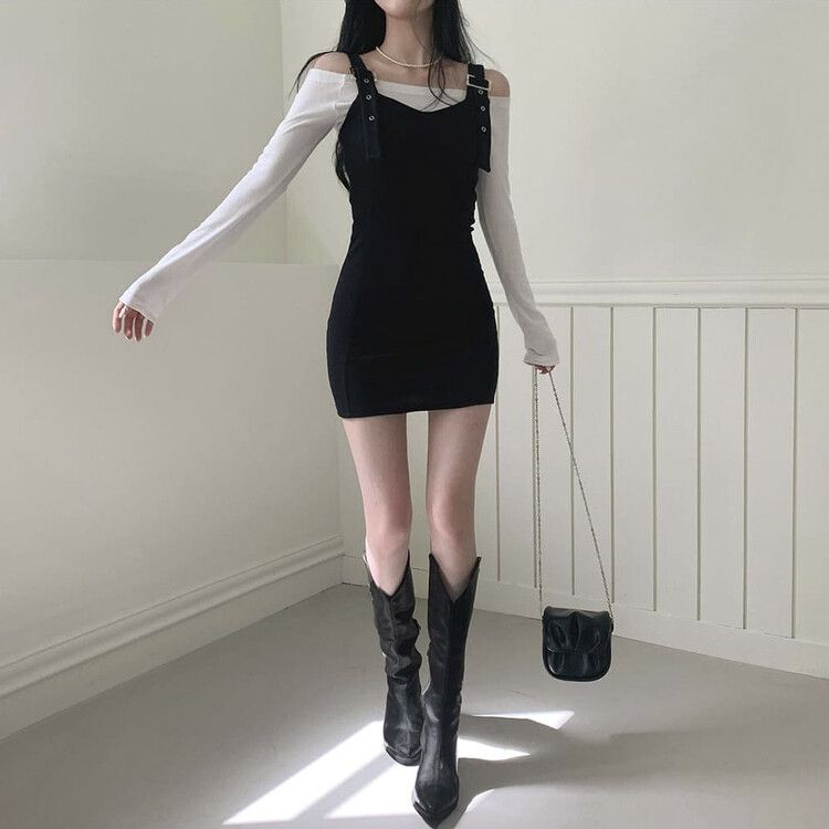 [SET]バックルハートミニワンピース オフショルダー長袖Tシャツ BLACK