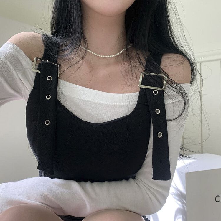 [SET]バックルハートミニワンピース オフショルダー長袖Tシャツ BLACK