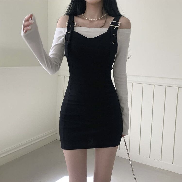 [SET]バックルハートミニワンピース オフショルダー長袖Tシャツ BLACK