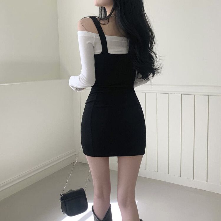 [SET]バックルハートミニワンピース オフショルダー長袖Tシャツ BLACK