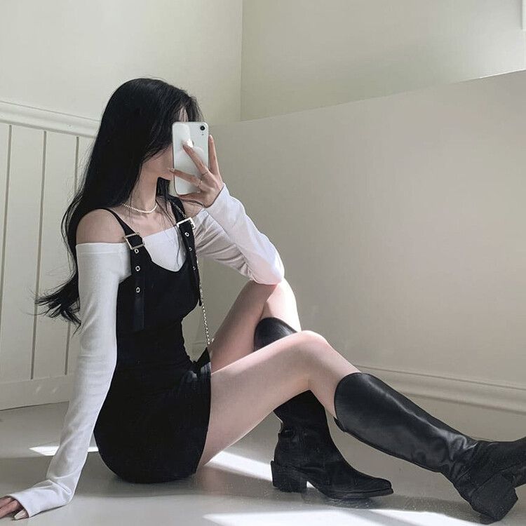 [SET]バックルハートミニワンピース オフショルダー長袖Tシャツ BLACK