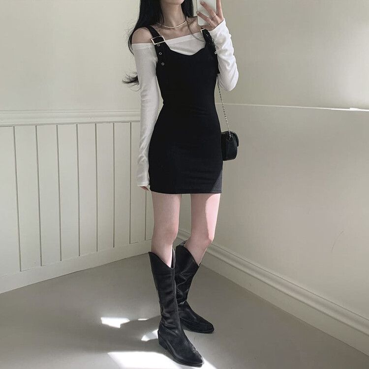 [SET]バックルハートミニワンピース オフショルダー長袖Tシャツ BLACK