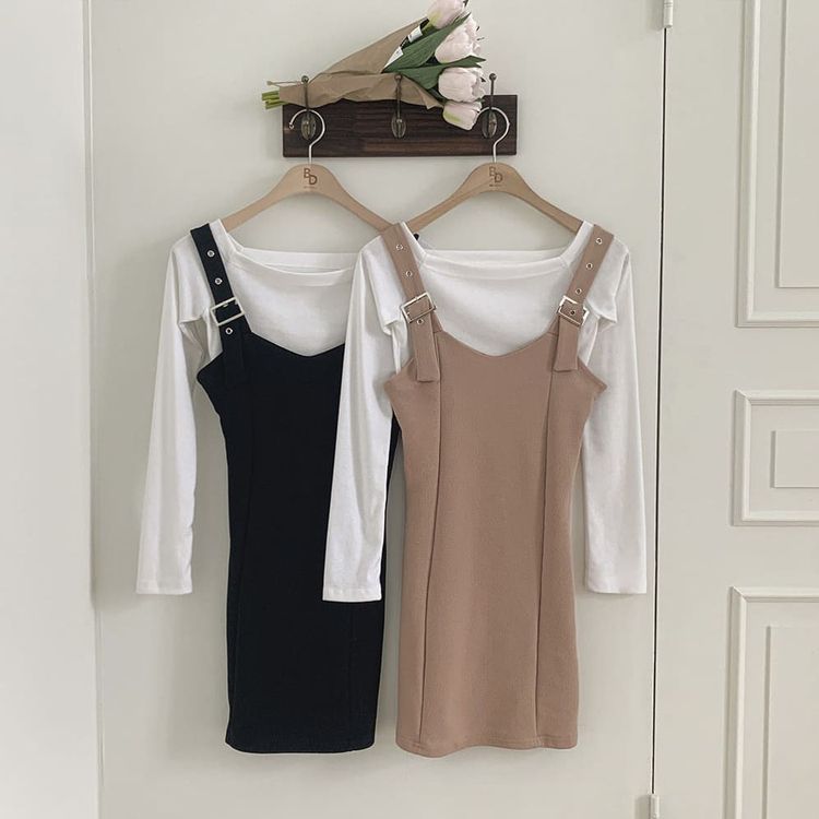 [SET]バックルハートミニワンピース オフショルダー長袖Tシャツ