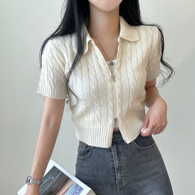 2WAYケーブルカラークロップ半袖ジップアップ5色｜ニット｜韓国