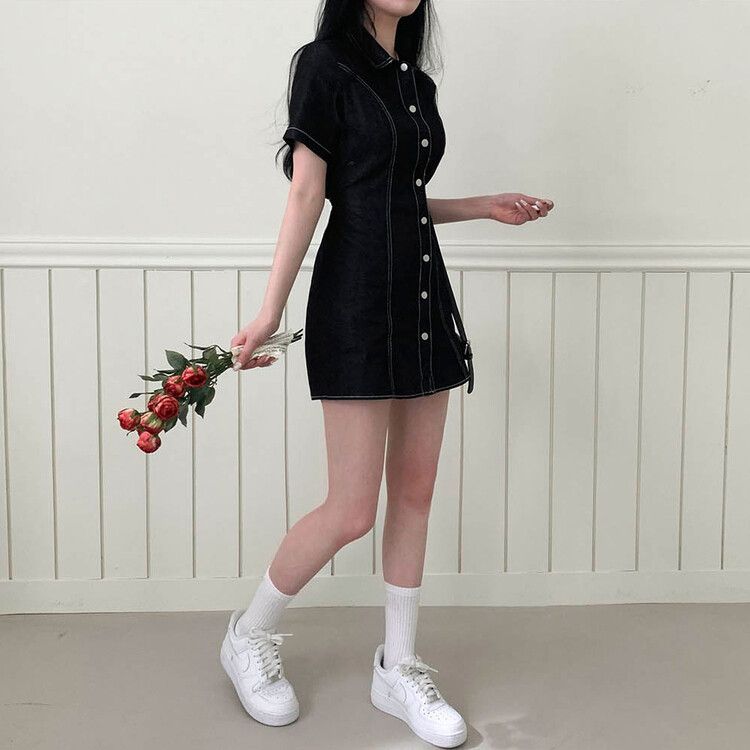 ステッチAラインスリムデニムミニワンピース ブラック