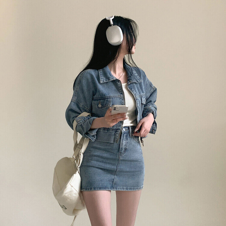 ビンテージデニムジップアップ ミニスカート(SET・単品可能) ブルー