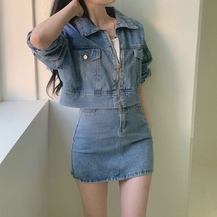 ビンテージデニムジップアップ ミニスカート(SET・単品可能) ブルー