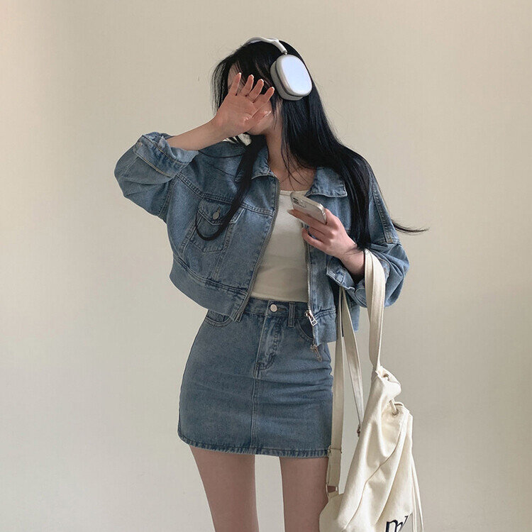 ビンテージデニムジップアップ ミニスカート(SET・単品可能) ブルー