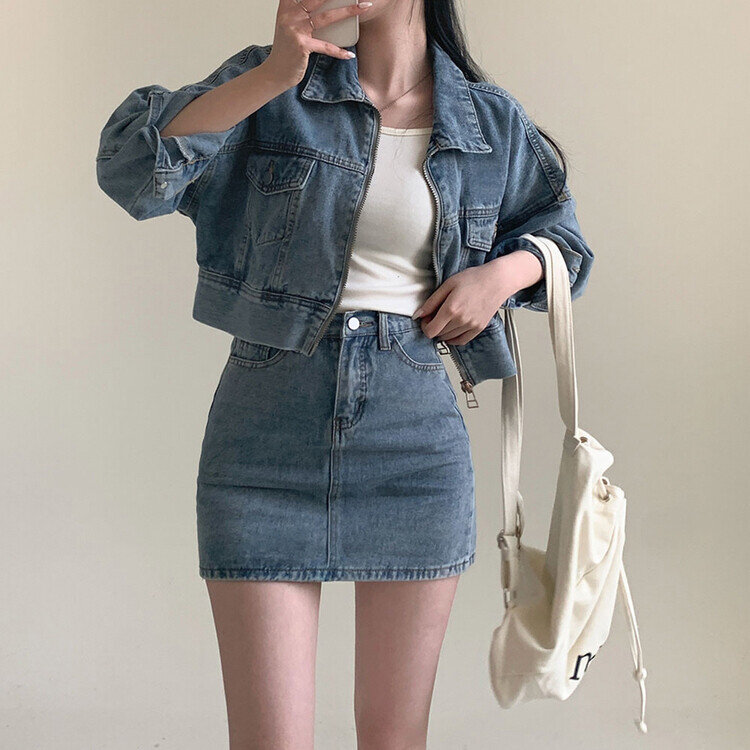 ビンテージデニムジップアップ ミニスカート(SET・単品可能) ブルー