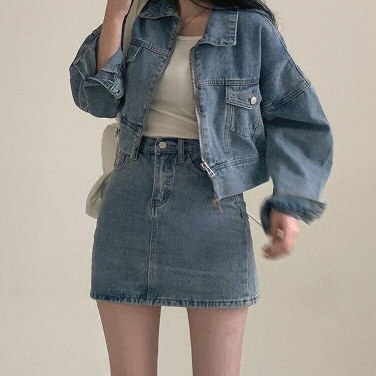 ビンテージデニムジップアップ ミニスカート(SET・単品可能) ブルー