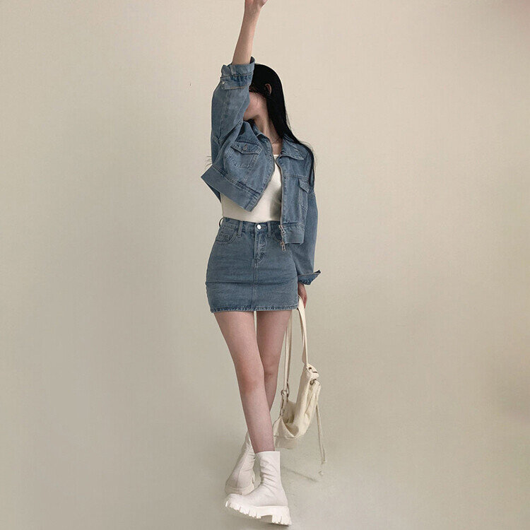 ビンテージデニムジップアップ ミニスカート(SET・単品可能) ブルー