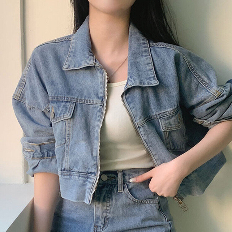 ビンテージデニムジップアップ ミニスカート(SET・単品可能) ブルー