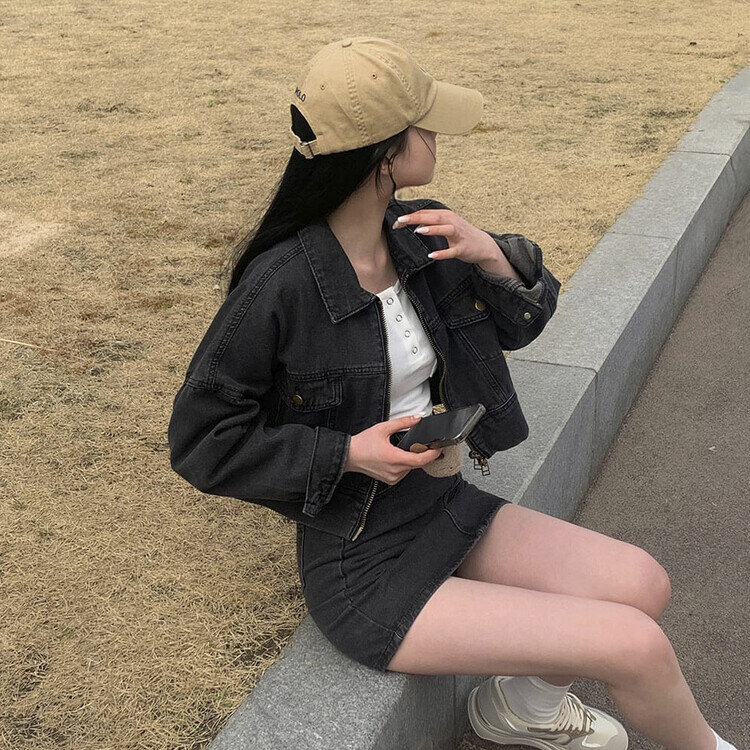 ビンテージデニムジップアップ ミニスカート(SET・単品可能) グレー