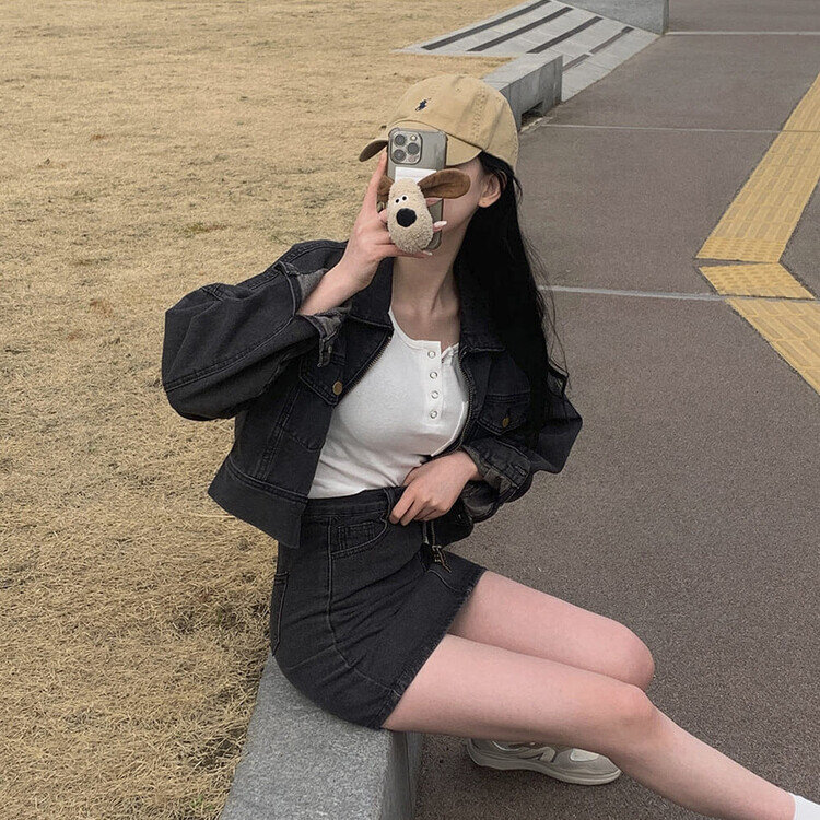 ビンテージデニムジップアップ ミニスカート(SET・単品可能) グレー