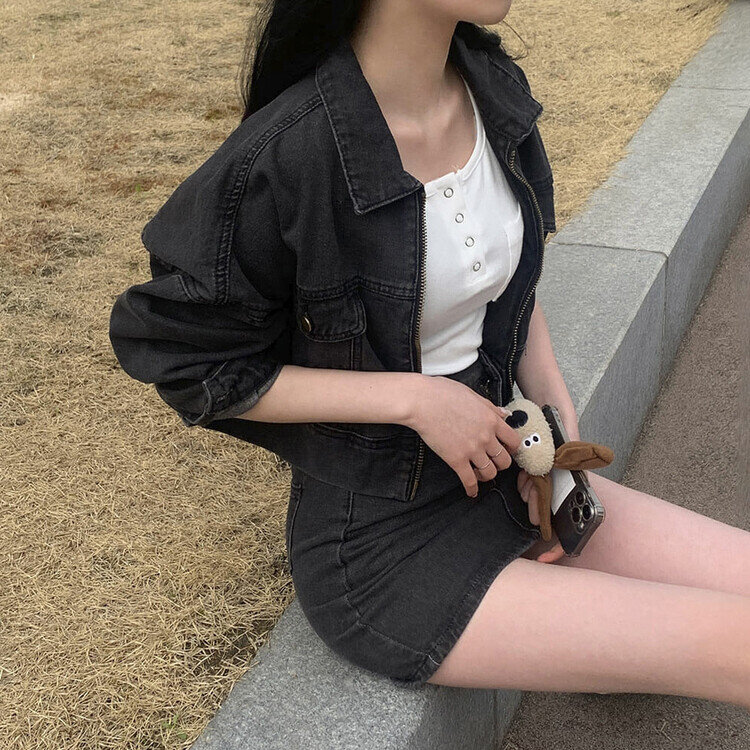 ビンテージデニムジップアップ ミニスカート(SET・単品可能) グレー