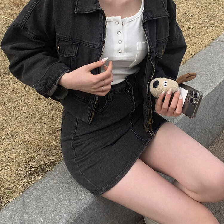 ビンテージデニムジップアップ ミニスカート(SET・単品可能) グレー