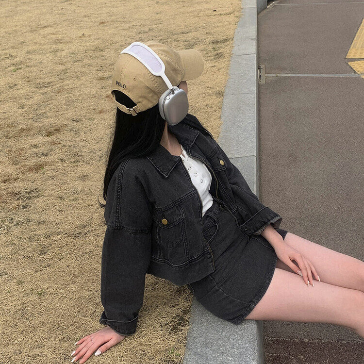 ビンテージデニムジップアップ ミニスカート(SET・単品可能) グレー