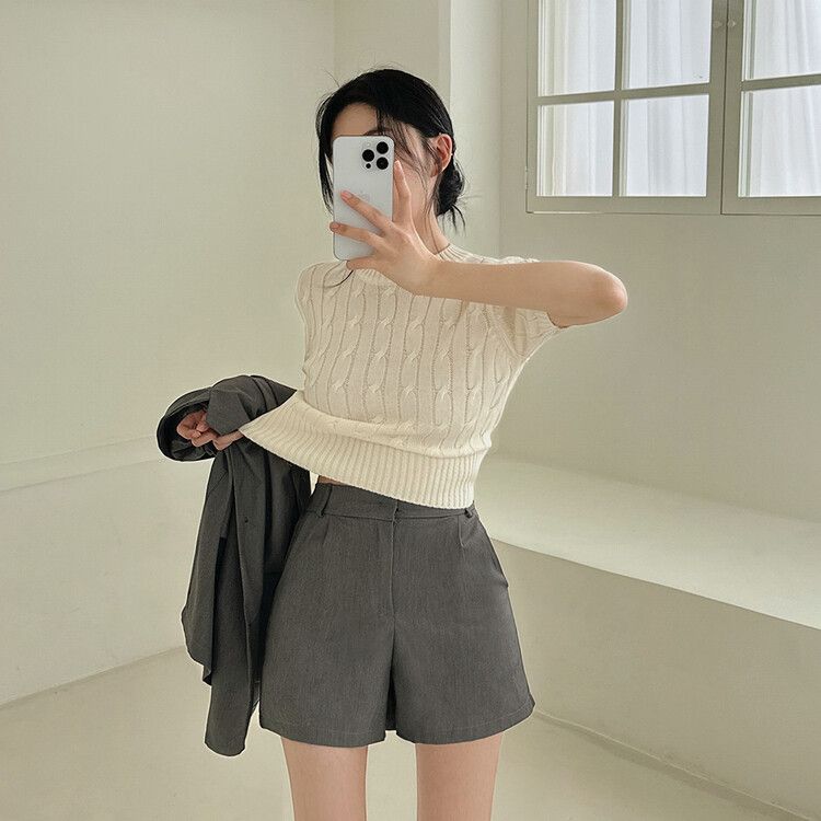 Rouje paris 半袖ニット SNT16896 ケーブルスリムクロップ半袖ニット6色 ニット - lovensome