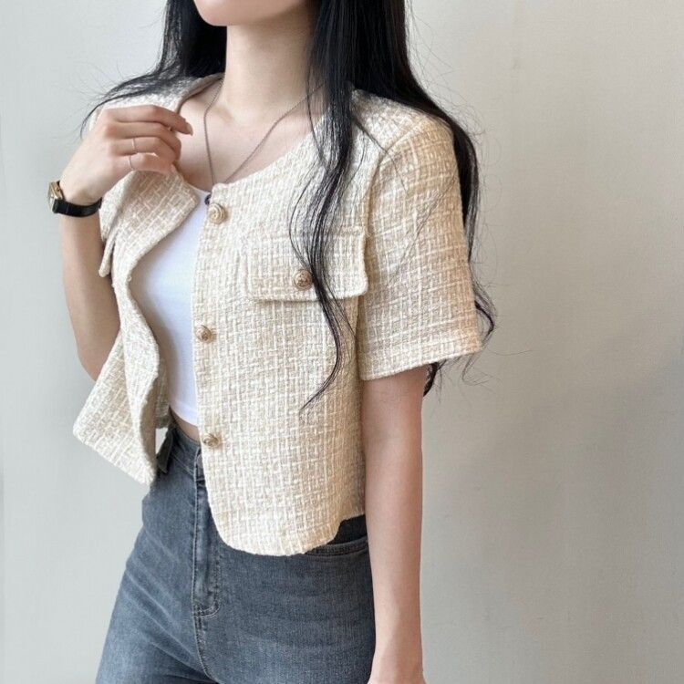 ゴールドボタンツイード半袖ジャケット|ジャケット|韓国 ゴールドボタンツイード半袖ジャケット|ジャケット|韓国