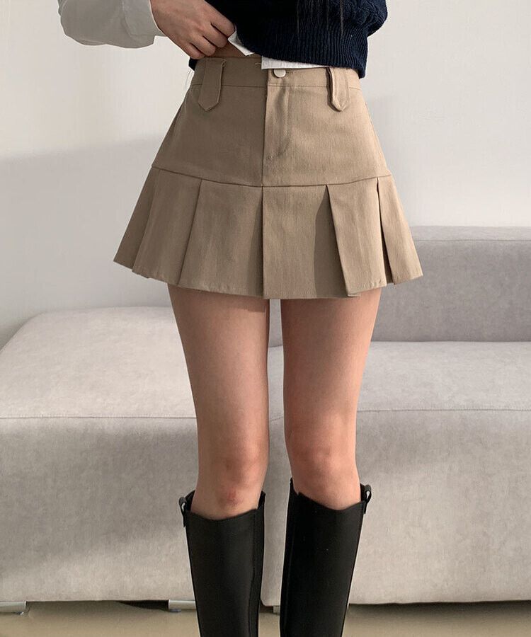 ピンタックバックゴムミニスカート(パンツ付き) BEIGE