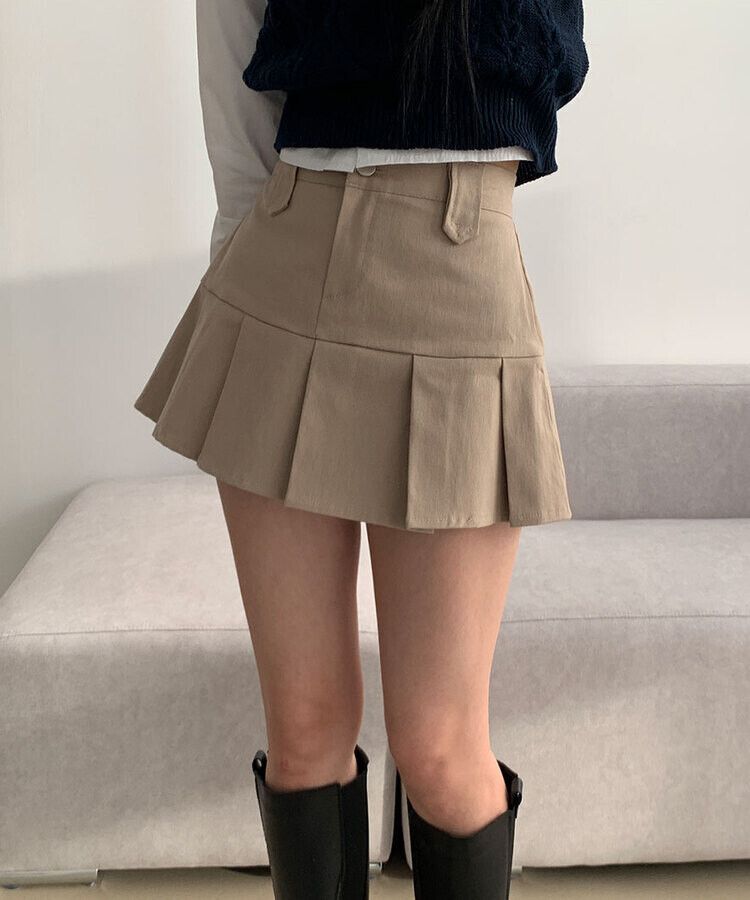 ピンタックバックゴムミニスカート(パンツ付き) BEIGE